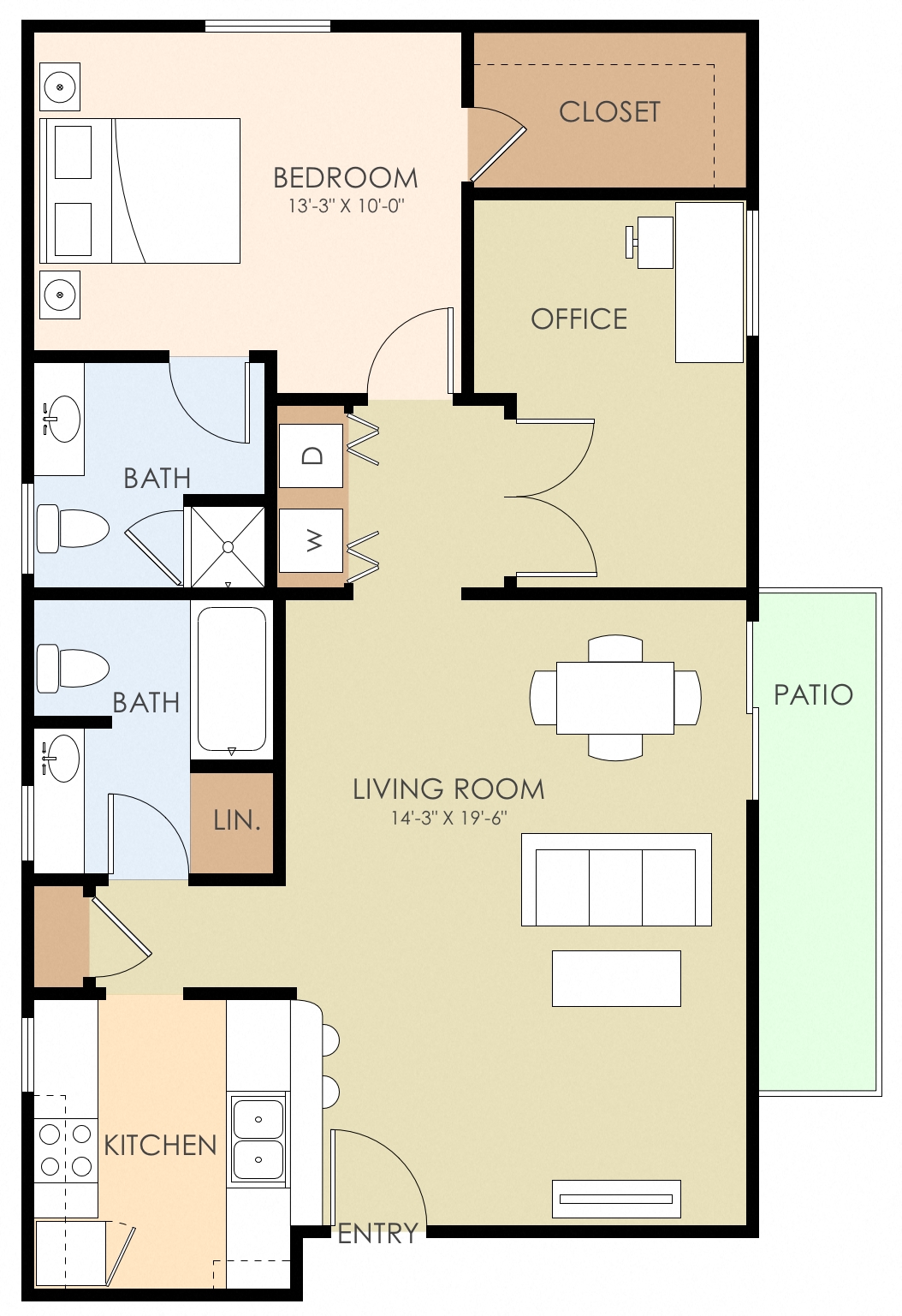 Floor plan for 2 beds, 2 baths, 1200 sqft